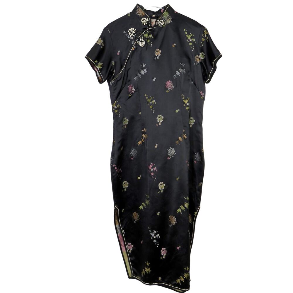 1980s Japenese Vintage Traditional Cheongsam Kimono Dress Black Floral Large - Picture 3 of 7